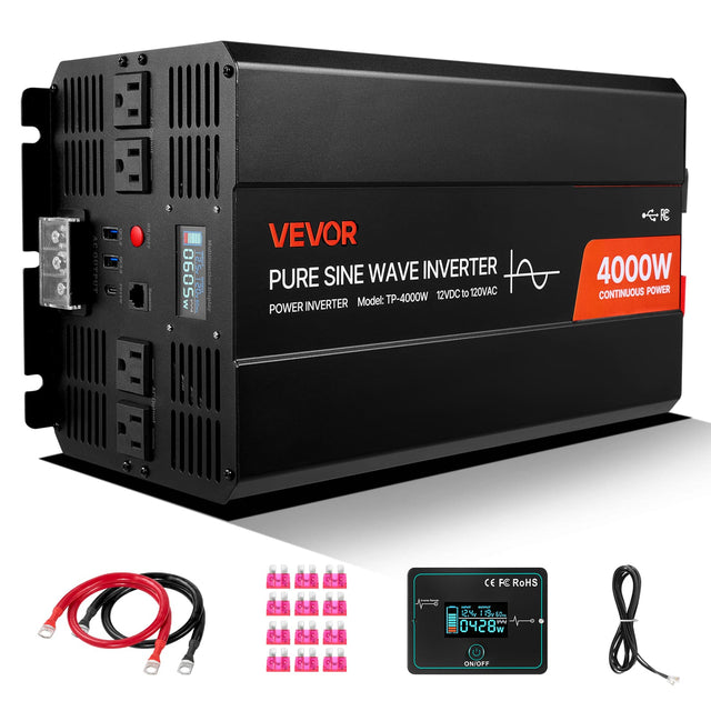 AC OUTPUT  
0605W  
AST THEY 120 PUTZUS V.60  
VEVOR PURE SINE WAVE INVERTER TP-4000W 12VDC to 120VAC INVERTER  
Model: POWER RC 4000W CONTINUOUS POWER  
CE FC RoHS  
salv  
YOUT WINT 12% 19v60mg 0428  
ON/OFF