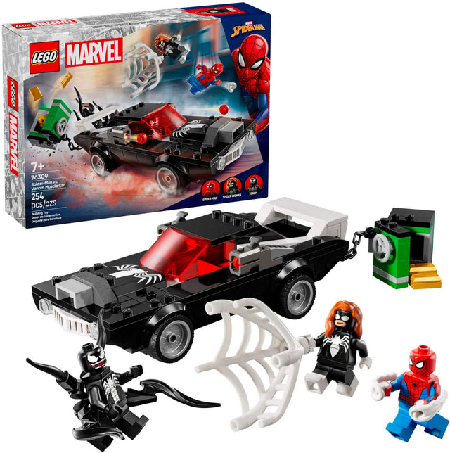 The image features a Lego Marvel set with various action figures and vehicles. The set includes a Spider-Man car, a Spider-Man motorcycle, and a Spider-Man helicopter. The action figures are posed in different positions, with some standing and others sitting. The overall scene is a fun and engaging display of the Lego Marvel set.