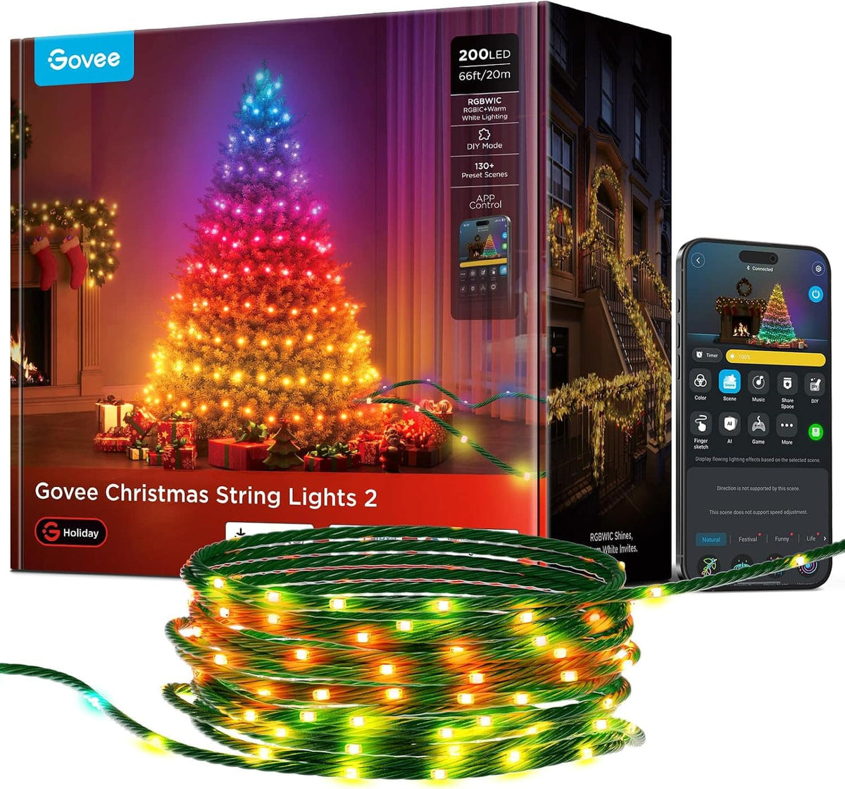 Govee - Christmas Lights 2, 66FT 200LEDs Holiday String Lights, Wire - Green