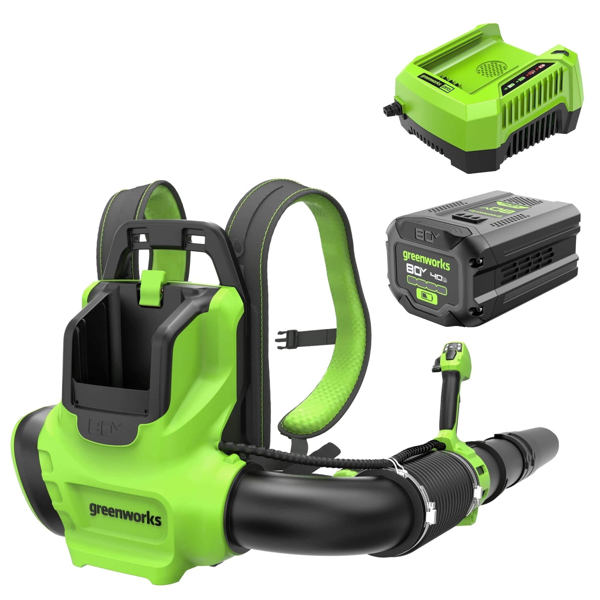 Greenworks - 80V 750 CFM Battery Powered Backpack Leaf Blower, with 4.0Ah Battery and Rapid Charger - Green