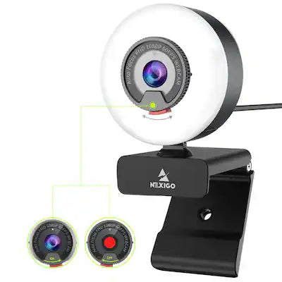 NexiGo - N960E 1080p 60FPS Webcam with Ring Light, Autofocus, Privacy Cover, Dual Mics, for Zoom and Streaming