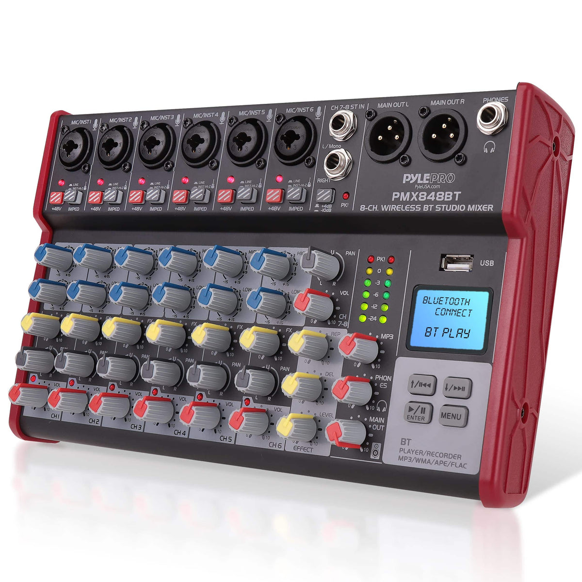 Pyle - Professional Wireless DJ Audio Mixer - 8-Channel Bluetooth Compatible DJ Controller Sound Mixer w/USB Port, 6 Mic - Red
