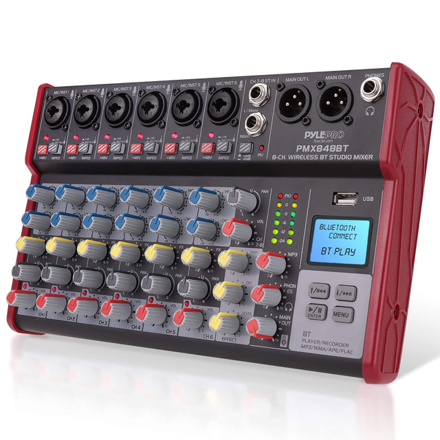 MIC/NST1 MIC/NST2 MIC/NST3 MIC/NST4 MIC/NST5 MIC/NST6  
CH7-8 ST IN MAIN OUT L MAIN OUT R PHONES/MONO  
MND VIA MND 1 1 1 - MNC +V MMPO -.  
VID+ IMPRO  
MUMA 1 VI+ IMPRO HIGNT - H O PIO  
PYLEPRO PMX848BT 8-CH. WIRELESS BT STUDIO MIXER  
USB  
BLUETOOTH CONNECT  
BT PLAY  
PLAYER/RECORDER MP3/WMA/APE/FLAC  
EFFECT  
PAN  
VOL  
LEVEL  
ENTER MENU  
MAIN OUT  
CH1 CH2 CH3 CH4 CH5 CH6  
FX  
PHONES  
BT  
PLAYER/RECORDER MP3/WMA/APE/FLAC