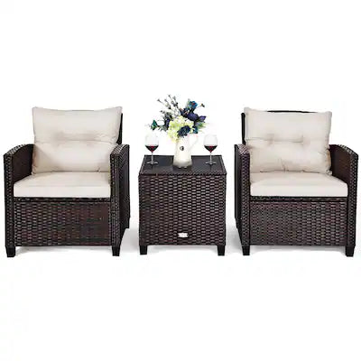Costway - 3 PCS Patio Rattan Furniture Set Cushioned Conversation Set Sofa