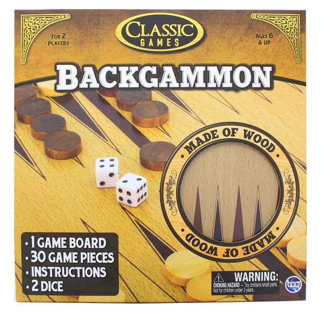 FOR 2 CLASSIC AGES 6 PLAYERS GAMES & UP BACKGAMMON OF MADE WOOD 1 GAME BOARD 30 GAME PIECES INSTRUCTIONS 2 DICE

WARNING: CHOKING HAZARD - Toy contains small parts. Not for children under 3 years.