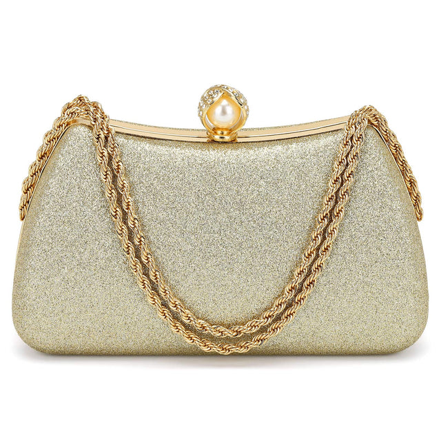 Front. Unique Bargains - Luxury Glitter Clutch Purse for Women, Sequin Evening Bag with Pearl Sparkly Wedding Handbag for Bride Party - Gold.