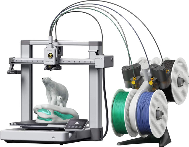 The image features a 3D printer with a white polar bear figurine on top of it. The printer is surrounded by multiple spools of green and white filament, which are used to create the 3D printed objects. The printer is equipped with a touch screen, allowing for easy operation and control. The scene showcases the versatility and capabilities of the 3D printer, as it can create intricate and detailed objects like the polar bear figurine.