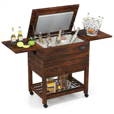 Gymax - 54 Quart Rolling Wooden Patio Cooler Cart w/ 2 Drop Leaf Tables Bottle Opener