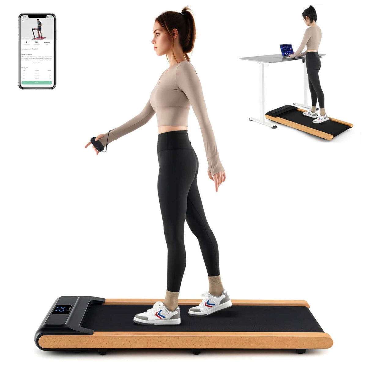 Costway - 3-in-1 Walking Pad Under Desk Treadmill with Remote Smart APP Control LED Display - Black,Natural