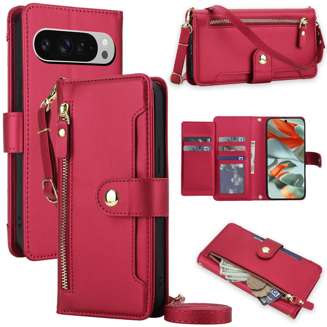 Front. Dteck - Zipper Wallet Case for Google Pixel 10 Pro XL,Detachable Crossbody Flip Faux Leather Card Slots Kickstand Cover+Lanyard - Red.