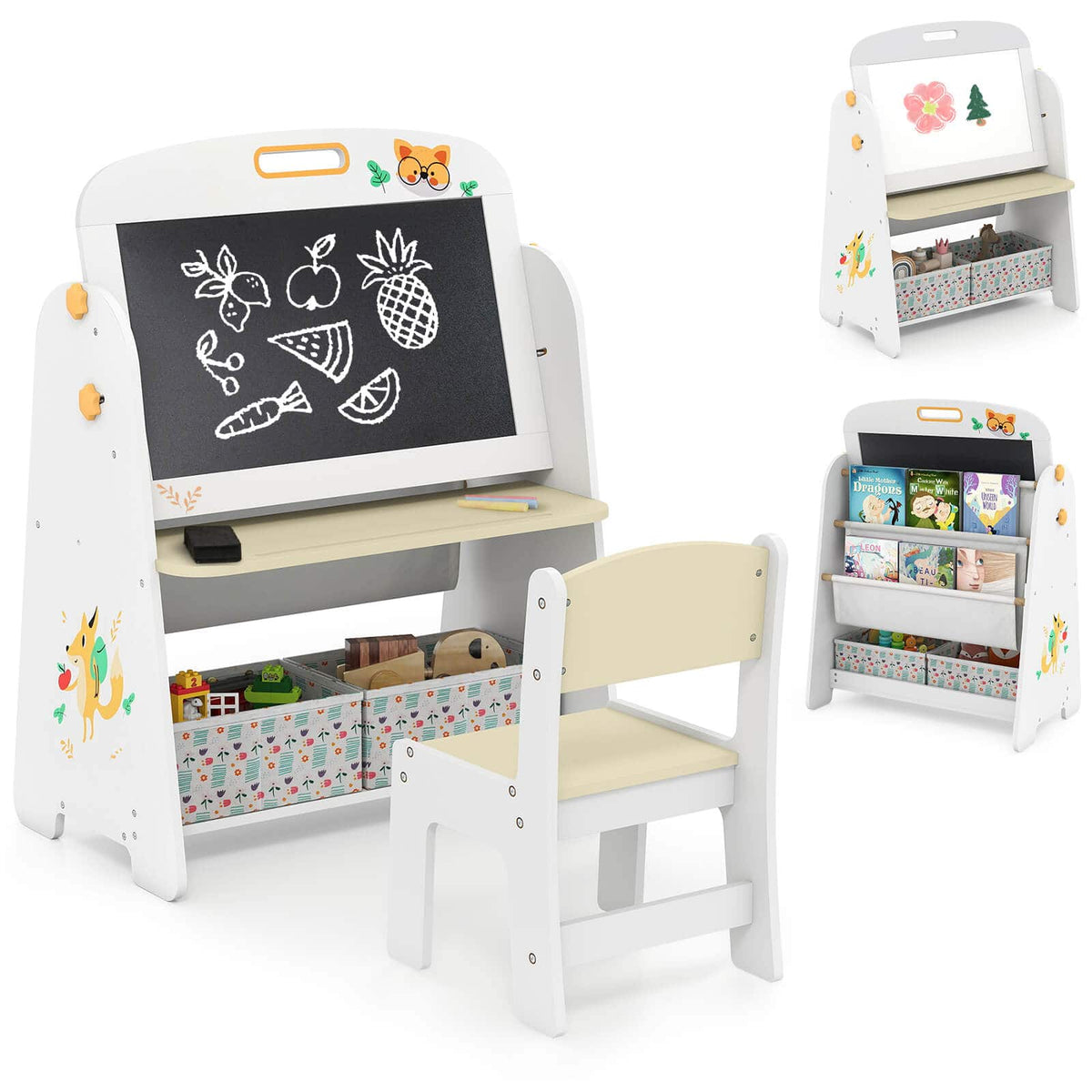 Costway - 4-in-1 Kids Table & Chair Set with Magnetic Whiteboard & Blackboard Storage Shelf - Natural