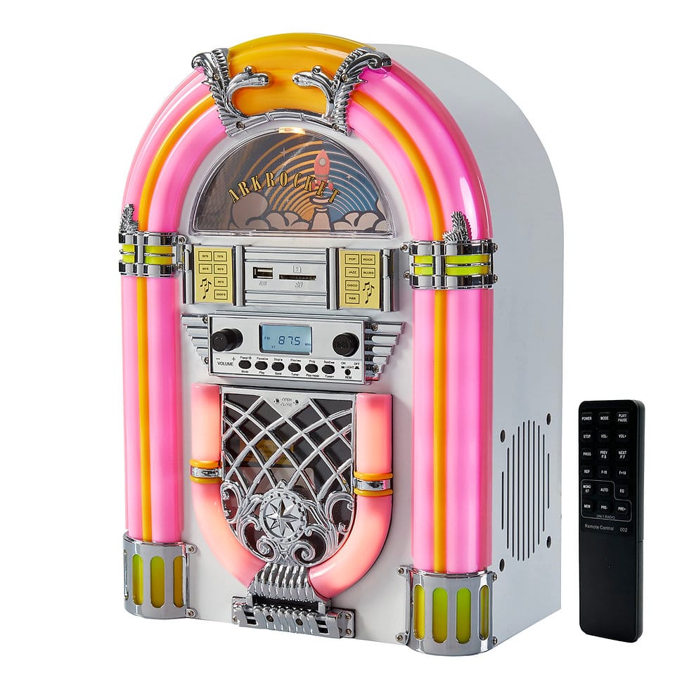 Arkrocket - Athena Mini Jukebox / Tabletop CD Player / Bluetooth Speaker (Pink/White) - Pink White
