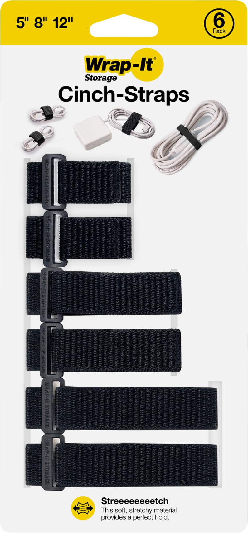 Wrap-It Storage - Cinch-Straps Assorted 6-Pack (5", 8", 12") - Black