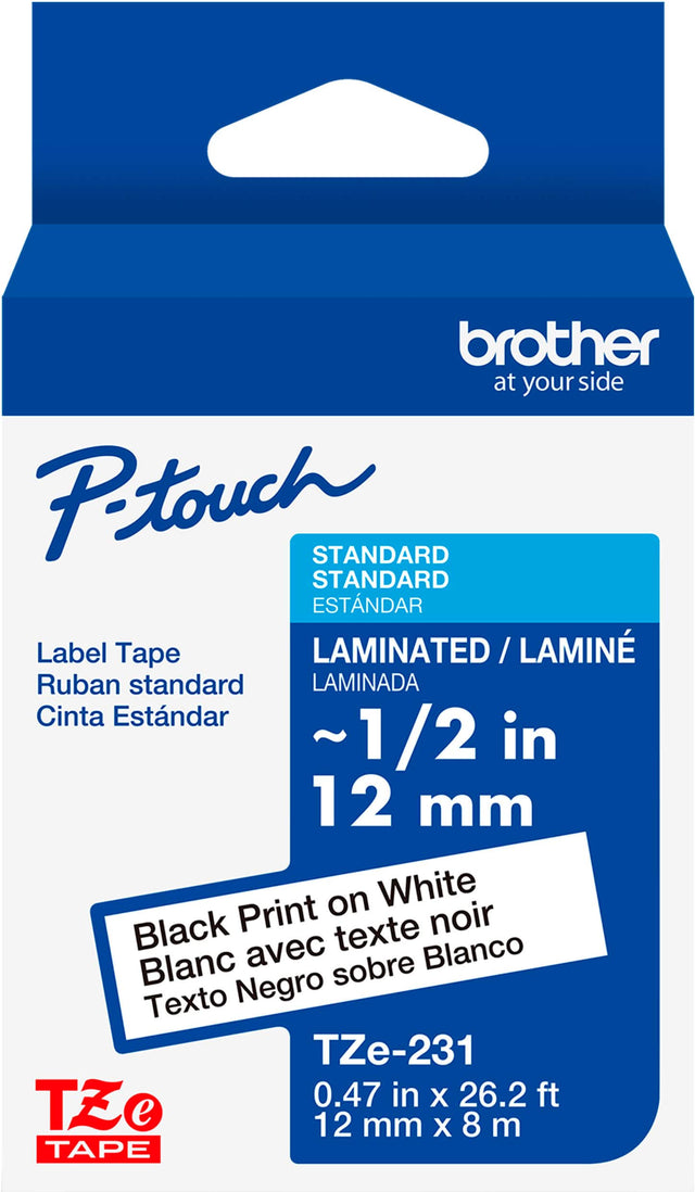 brother at your side Ptouch STANDARD STANDARD ESTNDAR Label Tape LAMINATED / LAMIN / LAMIN Ruban standard LAMINADA Cinta Estndar ~1/2 in 12 mm on White Black Print texte noir Blanc avec sobre Blanco Texto Negro TZe-231 TZe 0.47 in X 26.2 ft e 12 8 mm X m TAPE