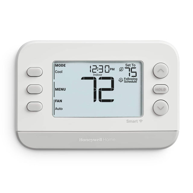 MODE Cool  
MENU  
FAN Auto  
Set To 12:30 PM  
Indoor 72  
Following Schedule  
HOLD  
Smart  
Honeywell Home