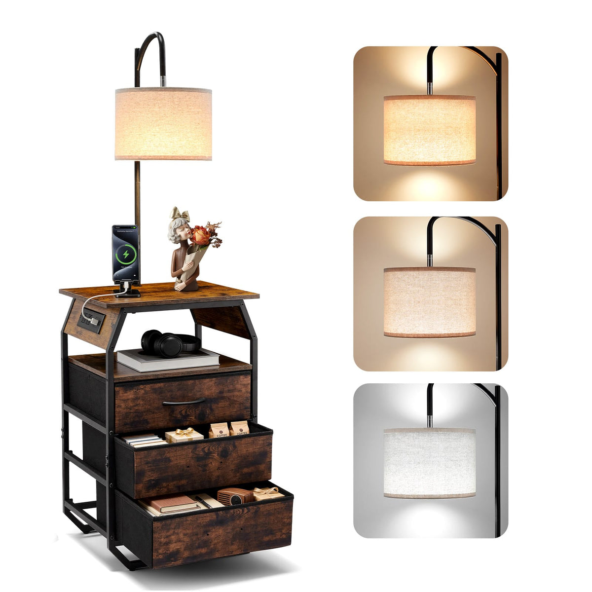 VEVOR - Floor Lamp with Table, 2-Tier End Table with 3 Drawers and 3 Color Temperature Lighting, Modern Side Nightstand - Black + Brown