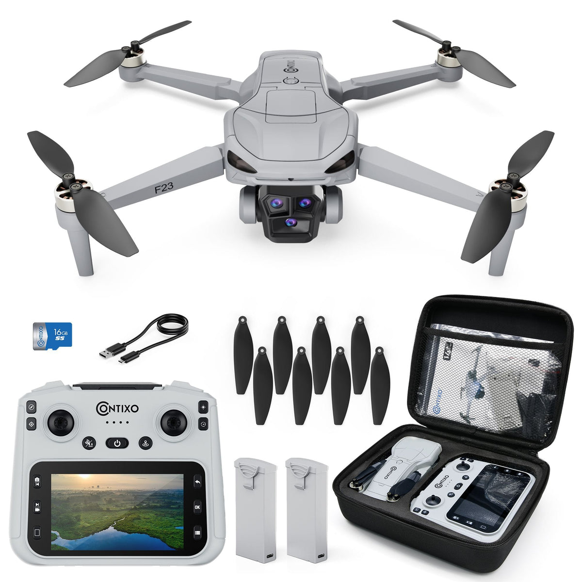 Contixo - GPS Camera Drone with Built-In Screen Controller, 46-Min Flight Time, Follow Me, FAA Exempt, Travel Kit