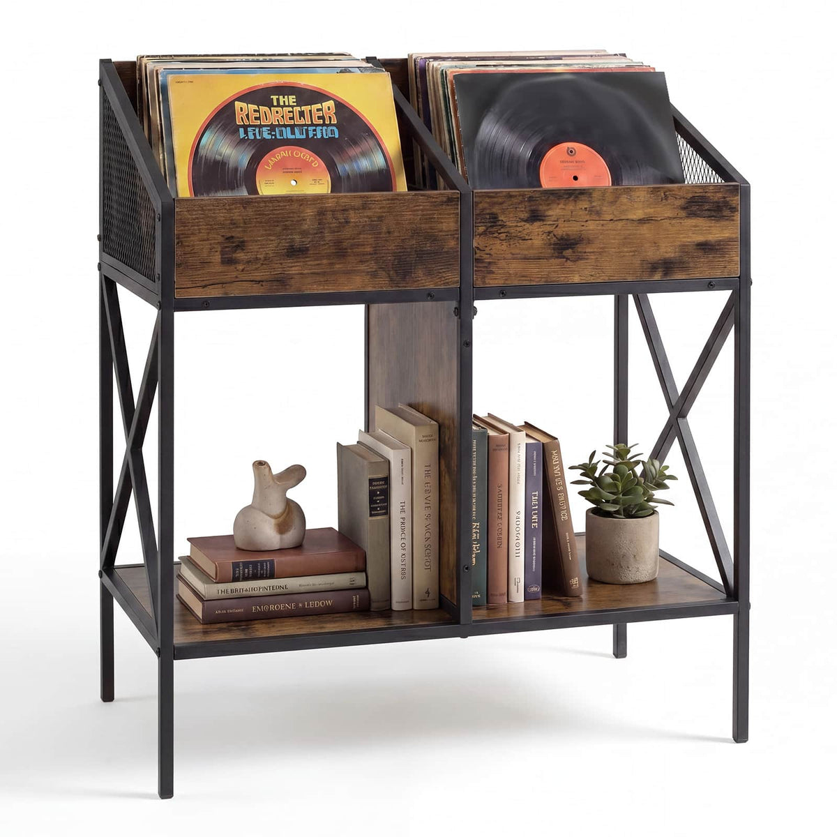 Costway - 4-Grid Vinyl Record Storage Rack 2-Tier Display Shelf Holds up to 250 Albums Rustic - Rustic Brown