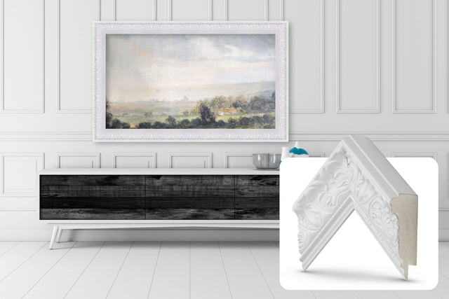 Front. Deco TV Frames - Premiere Bezel for Samsung the Frame TV - 65" - Tuscan Gloss White.