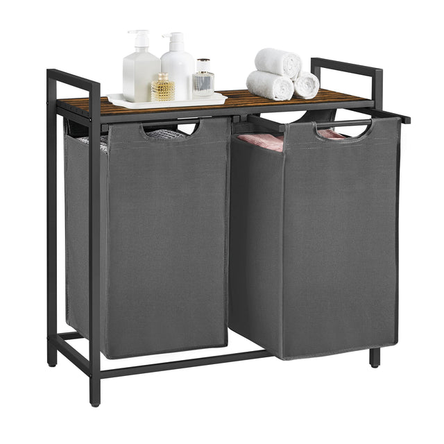 Front. Songmics Home - Laundry Basket, 2-Compartment Laundry Hamper, Pull-Out and Removable Laundry Bags, Laundry Sorter, Shelf, Metal Frame - Rustic Brown and Grey.