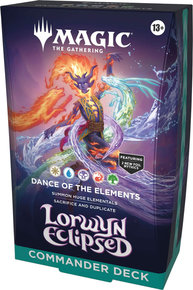 MAGIC THE GATHERING  
13+  
FEATURING 2 NEW FOIL MYTHICS  
DANCE OF THE ELEMENTS  
SUMMON HUGE ELEMENTALS  
SACRIFICE AND DUPLICATE  
Lorwyn Eclipse  
COMMANDER DECK
