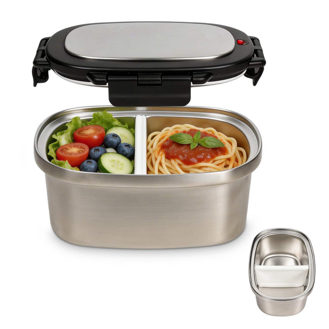 Front. KOOMADE - KOOMADE 304 Stainless Steel Divided Insulated Bento Box, Leakproof Lunch Box 4H Warm 8H Cold Container with Thermal Bag - Silver Lunch Box with Black Lid.