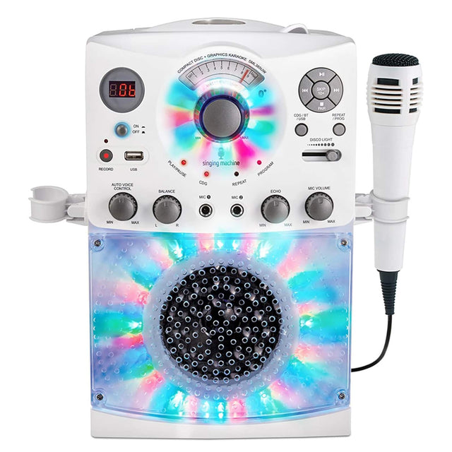 GRAPHICS KARAOKE DISC COMPACT 1 4 1 4 1 1 SML3SUW L D MAS 4 14 SP 10 COG DF USB nR TAP3 RROG ON OFF a MAX DISCO LIGHT ......... RECORD USB AUTO VOICE CONTROL PLAY/PAUSE BALANCE singing machine PROGRAM CDG REPEAT ECHO MIC MIC MIC JMUJOV MIN MAK : R MN MAX MIN MAX