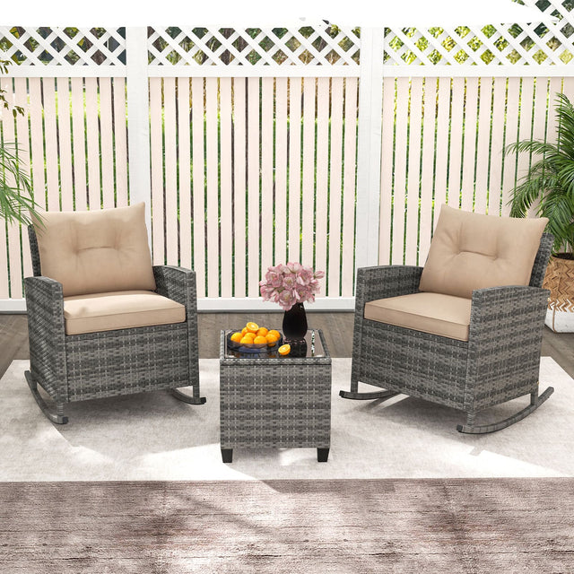 Front. Costway - Costway 3 PCS Patio Wicker Rocking Set with Tempered Glass Table & Soft Cushions Outdoor - Gray.