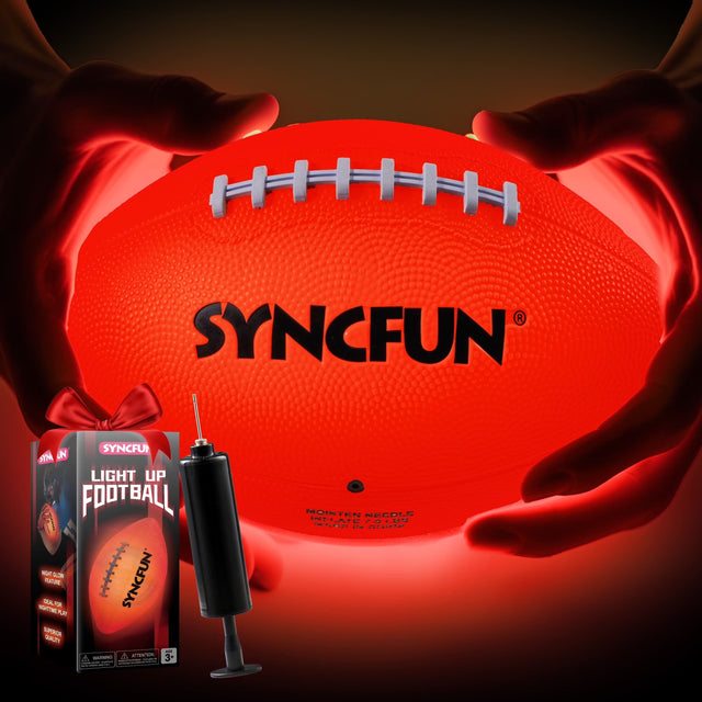 SYNC FUN SYNC FUN STN UN LIGHT UP FOOTBALL i I - L W I SYNC FUN SUL K - PLA SUPRICA GUALIY - - A AOS - 3+ n mdddde | adda | - - MOISTEN NEEDLE INPLATE . .- MASP .w HISIA