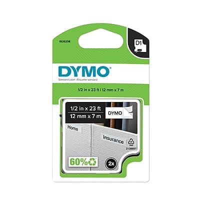 DYMO - D1 Standard Label Maker Tape, 1/2" x 23', 2/Each - Black on White