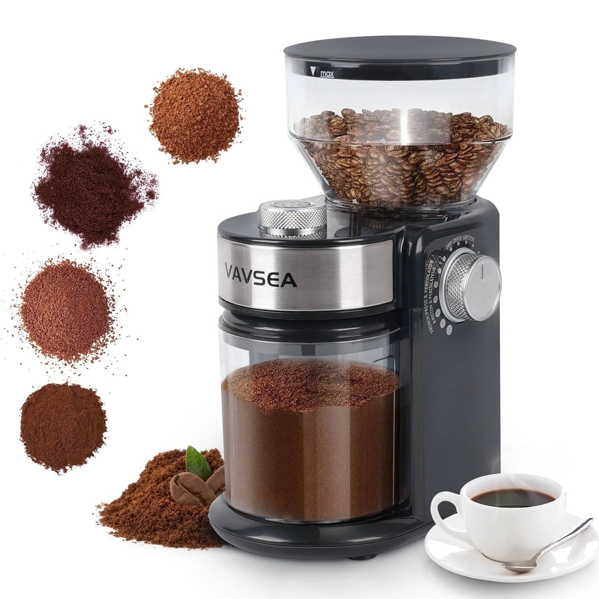 VAVSEA - Burr Coffee Grinder, Electric Coffee Bean Grinder with 18 Precise Grind Settings, 3-18 Cup, for Espresso/Drip/Pour over - Black