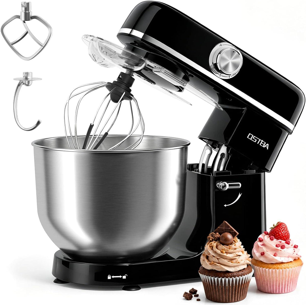 OSTBA - Stand Mixer, 6 Speed Tilt-Head Electric Kitchen Mixer with 6.3QT Bowl - Black