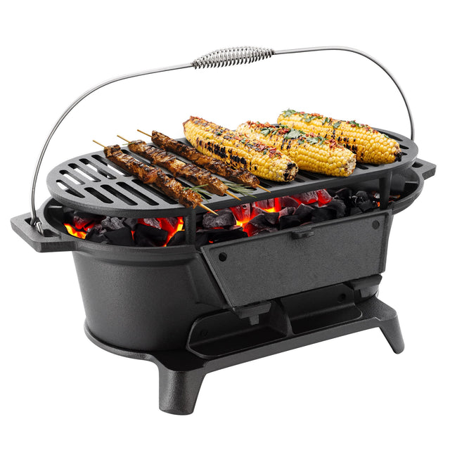 Front. MegaChef - Megachef Oval Cast Iron Portable Hibachi Grill for Outdoor Use and Camping in Black - Black.