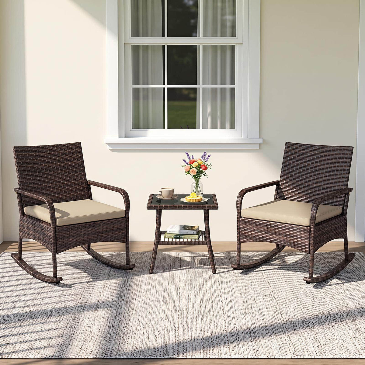 Costway - 3PCS PE Wicker Rocking Bistro Set with 2-Tier Side Table, Cushions & Armchairs - Mix Brown+Beige