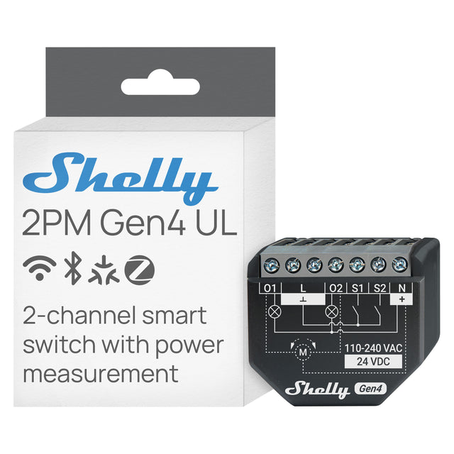 Shelly 2PM Gen4 UL 2-channel smart switch with power measurement

01 L 02 S1 S2 N T + X 110-240 VAC M 24 VDC

Shelly Gen4