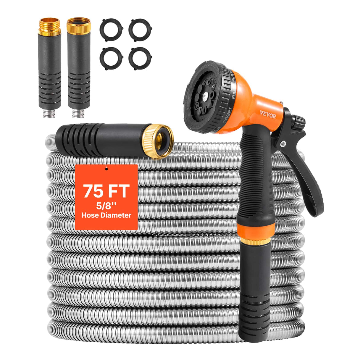 VEVOR - Metal Garden Hose 75 ft, Rust Proof Water Hose, Heavy Duty Backyard Hose with 10 Function Nozzle - Stainless Steel