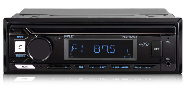 /SRC CALL BND/AMS IR PYLE F1 PLMRB29B2 50W 87.5 BT 4 USB MIC AUX MUTE 144 H CLK 1 HI 2 INT 3 RPT 4 RDM 5 -10 6 +10 3TUM H > a MI S 3 RPT 1 RDM 2 10 9 OL+