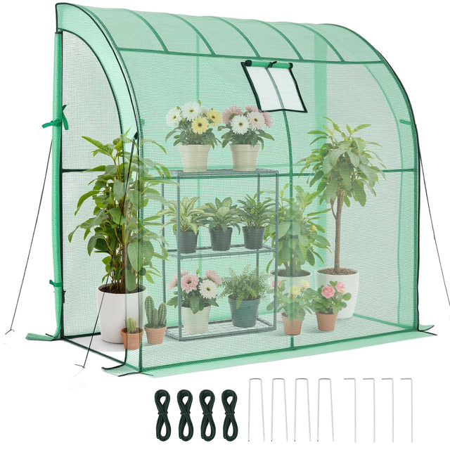 Front. VEVOR - Walk-in Greenhouse,78" x 39.4" x 78.7" Greenhouse for Outdoors with Window, PE Cover, 3-Tier Shelf, Roll-Up Zipper Doors - Green.