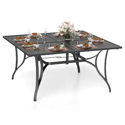 Costway - Patio Dining Table for 8, 60" x 60" Square Metal Slat Table with Umbrella Hole