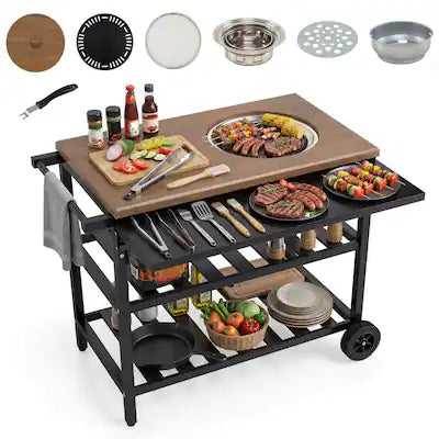 Costway - Outdoor Dining Cart with Korean BBQ Grill Folding Side Panel 2 Shelves for Camping