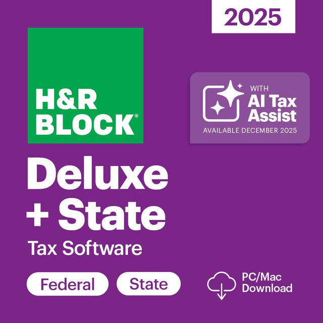 H&R Block  
2025  
Deluxe + State  
Tax Software  
Federal State  
PC/Mac Download  
WITH AI Tax Assist  
AVAILABLE DECEMBER 2025