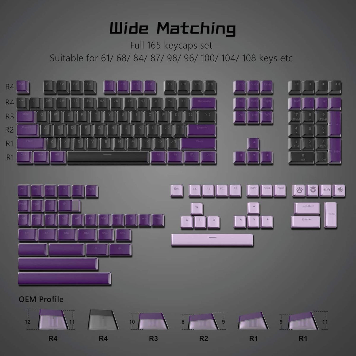 Womier - Pudding Keycaps,Shine Through Key Cap OEM Profile Custom Keys for Cherry MX-stem Switches Mechanical Keyboard - Black-Purple 165 Keys