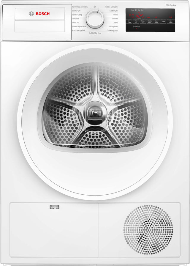 BOSCH Perm Press Extra Dry Perm P Dry Perm P Damp Delicates Quick 40 on Cotton Extra Dry Cotton Dry Towels Sanitize Jeans - - IM - . I im - de . dd i - - 300 Series DE Stare Signa - Timed Dry Variable Hand Wash Wool Air Fluff/No Spin Heavy Duty Quick Dry Auto