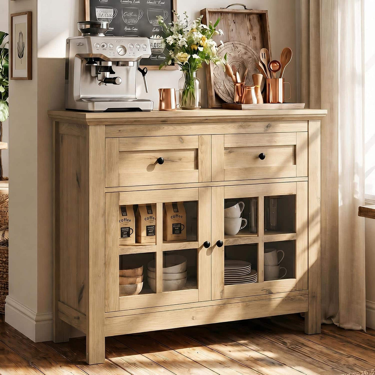 Aheaplus - 35.8'' Width Farmhouse Coffee Bar Cabinet with 2 Drawers and Adjustable Shelf, Buffet Cabinet for Dining, Kitchen - Yellow Oak