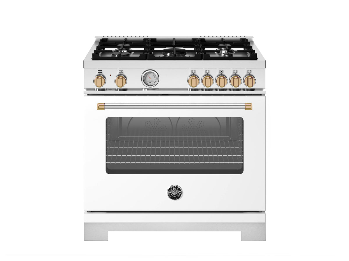 Bertazzoni - 36" Master Series 5.9 Cu. Ft. 5-Burner Freestanding Dual Fuel Range - Bianco Matt/Gold - White