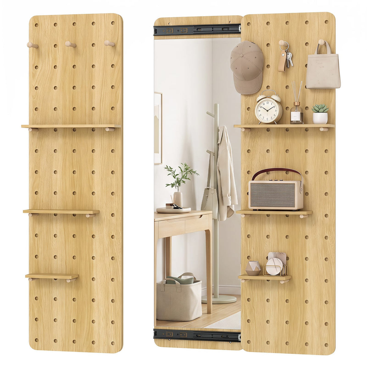 Costway - Solid Wood Full Length Mirror & Pegboard Storage Organizer with Sliding Pegboard - Natural