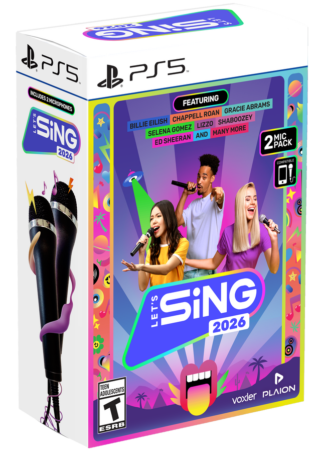 PS5 LET'S SING 2026 INCLUDES 2 MICROPHONES FEATURING BILLIE EILISH, SELena GOMEZ, ED SHEERAN, LIZZO, SHABOOZEY, GRACIE ABRAMS, CHAPPELL ROAN AND MANY MORE. 2 PACK COMPATIBLE LET'S SING 2026 TEEN ADOLESCENTS T ESRB