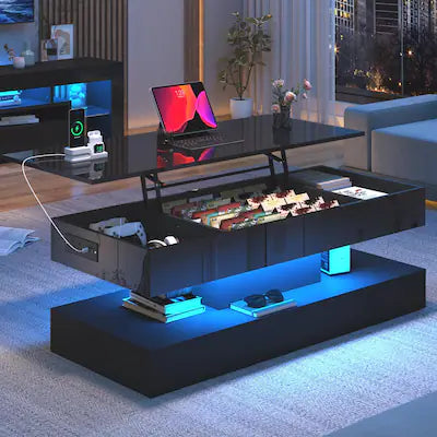 Lent Glitter Wood - 47.2" Lift Top Coffee Table with LED Lights & Storage​ High gloss finish App-controlled lighting Multi-room use
