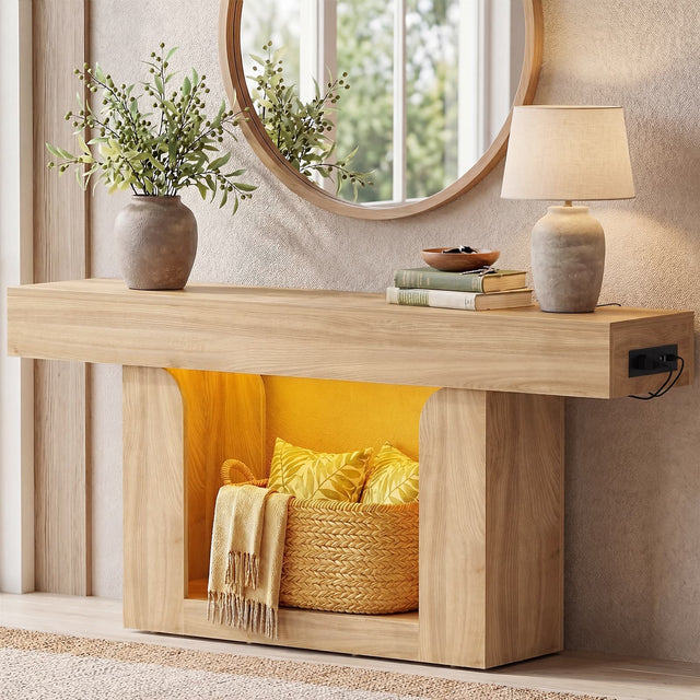 Front. Aheaplus - 63" Farmhouse Console Table - LED Lights & Charging Station, Narrow Sofa Table for Entryway, Living Room & Hallway - Natural Oak.