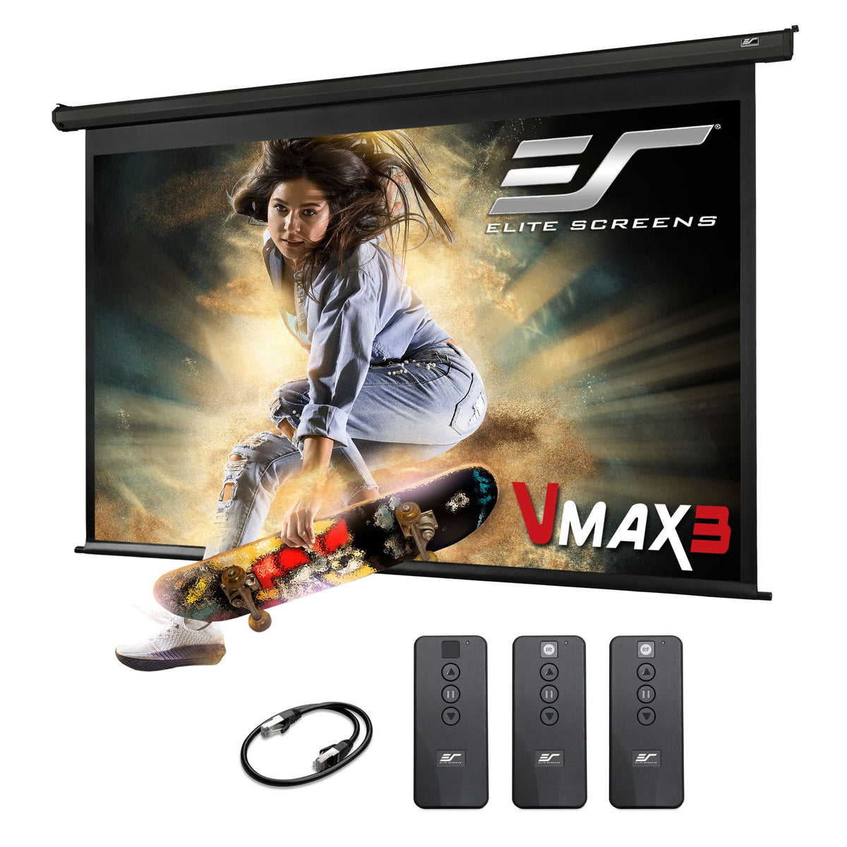 Elite Screens - VMAX3 Electric MatteWhite Wall/Ceiling Mounted Projector Screen,135"Diag,16:9,ProgrammableDrop,IR/RF Remotes,VMAX135UWH3 - Black